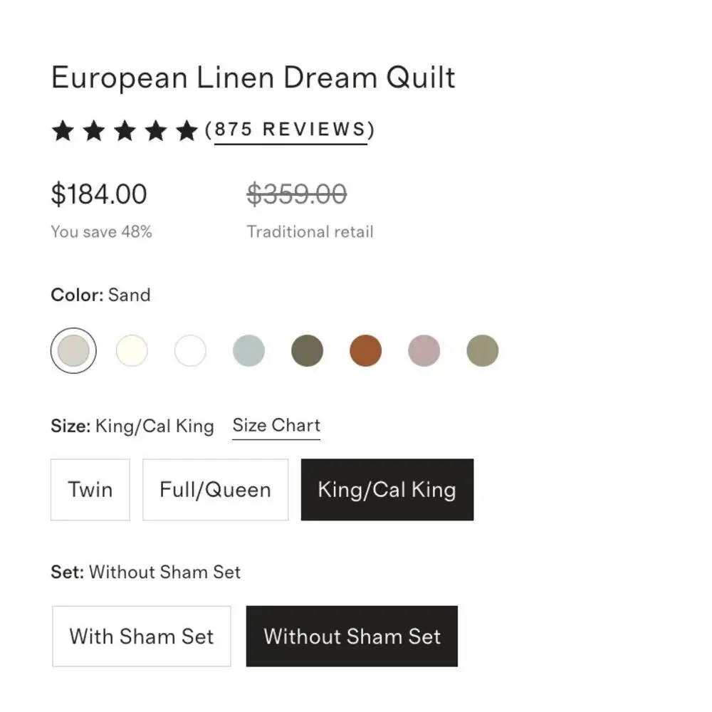 QUiNCE European Linen Dream Quilt KING/CAL KING in SAND